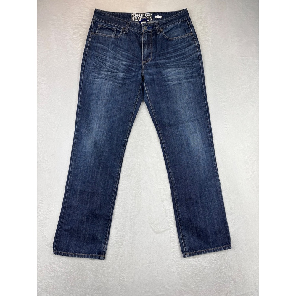Kenneth Cole Reaction Men's 32x30 Slim Jeans Grungy Dark Wash Honeycombing Denim